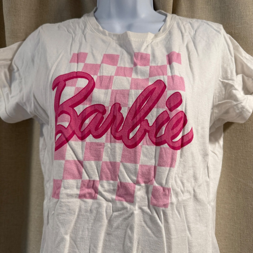 Barbie Graphic T-Shirt White Pink Checkered‎